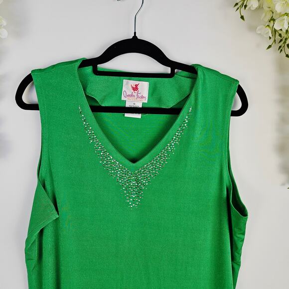 Quacker Factory 2-Piece Set Top Button Cardigan Kelly Green 1X Rhinestone V-Neck - Picture 7 of 12